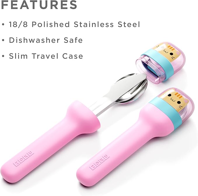 ZOKU Kids Pocket Utensil Set, Kitty - Stainless Steel Fork, Knife, and Spoon in Case - Portable Design for Travel, School, Picnics, Camping and Outdoor Home Use