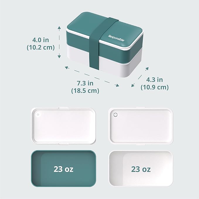 Responsible Products Leak Resistant Bento Box with Tableware for Adult - Teens, Insulated Lunch Box for Women - Men - Girls - Boys, BPA Free, Dishwasher Safe, Microwave Safe, Freezer Safe, 46 oz