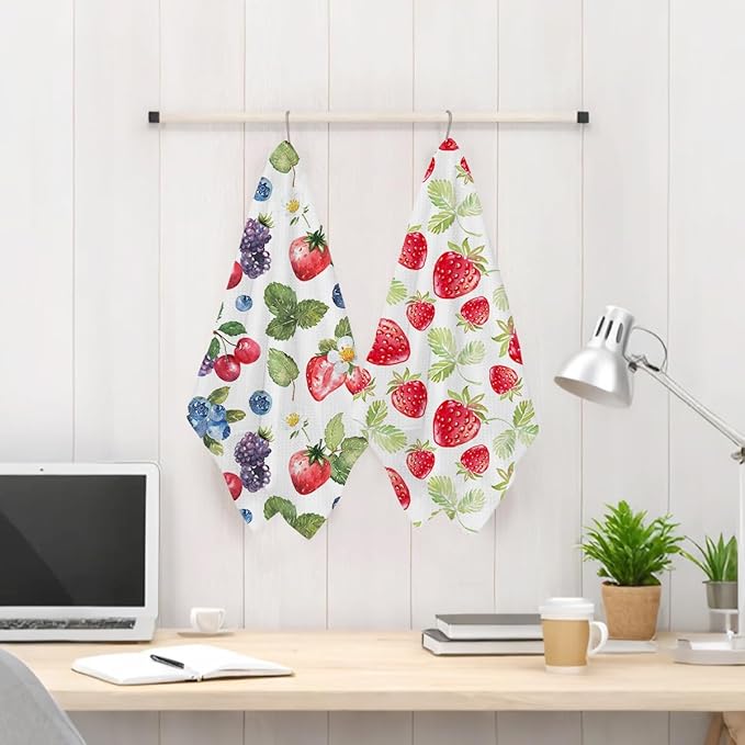 Jztco 2Pcs Strawberry Kitchen Towels 24x14 Inch, Summer Fruits Seamless Pattern Hand Towels for Kitchen Home Decor, Absorbent Microfiber Dish Cloth Tea Towel, Strawberry Gifts for Women Mom Grandma