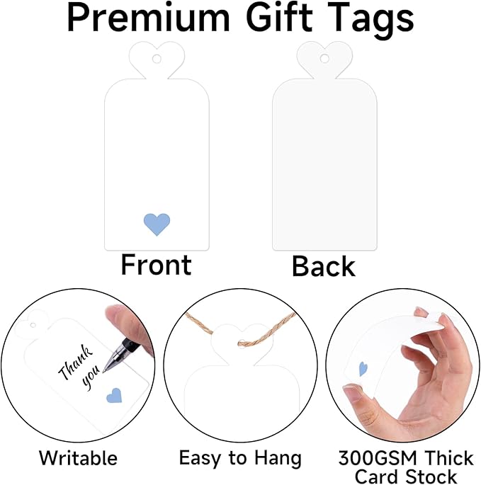 joycraft 100Pcs Gift Tags with String, 4x2 in White Gift Wrapping Tags with Blue Heart, Blank Party Favor Labels for Birthday, Baby Shower, Wedding, Bridal Shower