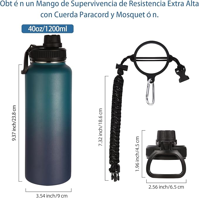Volhoply Insulated Water Bottles Bulk 4 Pack, 40 oz Stainless Steel Sports Bottle with Paracord Handle,Metal Travel Water Cups with Wide Mouth, Reusable Large Water jug for Hiking(Assorted,4 Set)