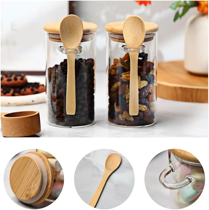 Glass Sugar Container with Spoon, 8 Pack 10oz Glass Tea Jars with Bamboo Lids and Spoons, Loose Leaf Tea Containers for Coffee Beans, Brown Sugar, Nuts, Candy, Bath Salts