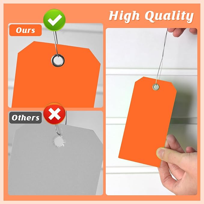 200 PCS 4 3/4" x 2 3/8" Neon Color Shipping Tags with Wire Paper Heavy Duty Hang Tags with Reinforcement Holes Writable Luggage Tag with String Durable Marking Tags (Neon Orange, 4 3/4" x 2 3/8")