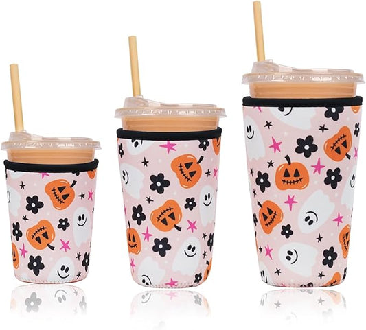 Reusable Insulated Neoprene Iced Coffee Cup Sleeve, Durable Drink Sleeve for Cold Beverages, Beverage Holder for Iced Coffee, Hello Pumpkin