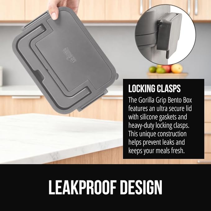 GORILLA GRIP BPA-Free Leakproof 5-Compartment Bento Lunch Box for Adults, Kids, Holds 10 Cups, Microwave Safe Hot and Cold Food Containers, Easy to Carry Lid Includes Built-In Utensils Set, Gray