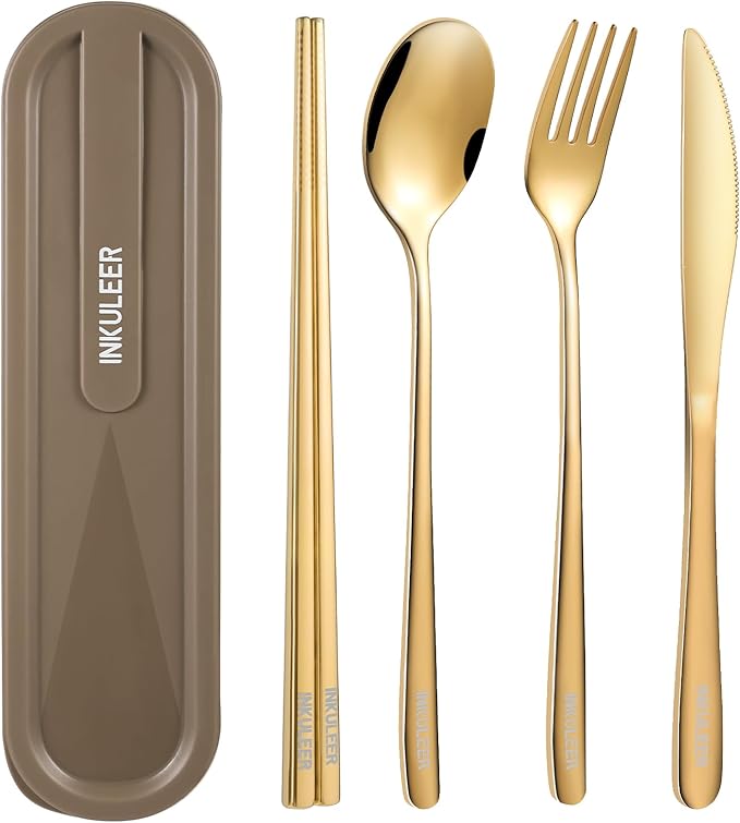 Travel cutlery set, 18/8 stainless steel cutlery, Reusable utensils set with case, Portable Silverware Lunch Box for Camping and Office (Rose Gold)