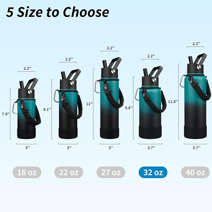 BJPKPK 32oz Insulated Water Bottles with 3 Lids, Paracord Handle & Non-slip Boot, Stainless Steel Metal Water Bottle,Reusable BPA Free Thermal Flasks, Tumblers, Army Green & Black