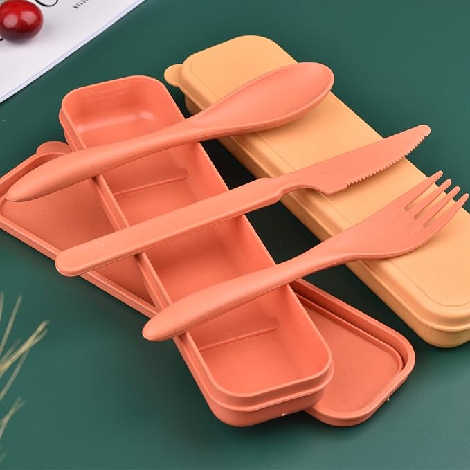 2 Sets Reusable Utensil Set with Case, Portable Camping Fork Knife Spoon Set, Wheat Straw Travel Utensils for Lunch Box, for School Work Lunch or Daily Use (Yellow, Orange)