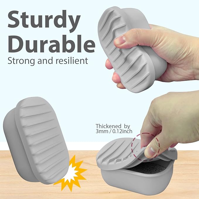 Leakproof Silicone Travel Soap Case with Drainage Layer, Silicone Bar Soap Holder Compact Portable Shatterproof Soap Container Box for Bathroom Gym Camp Travel Toiletries (Gray, Drainage Lid)