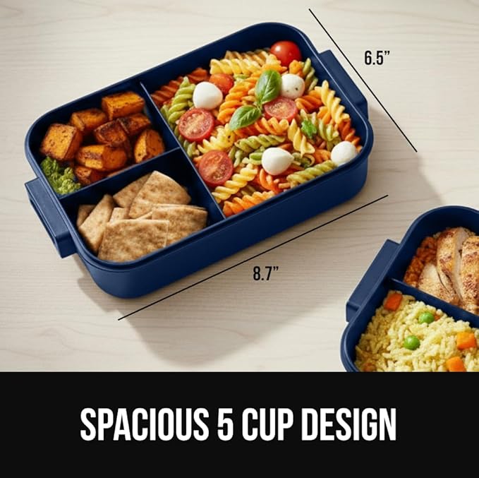 GORILLA GRIP BPA-Free Leakproof 3-Compartment Bento Lunch Box for Adults, Kids, Microwave Safe Hot and Cold Food Containers, Easy to Carry Lid Includes Built-In Utensils Set, Holds 5 Cups, Navy