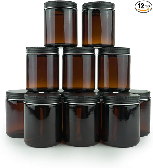 Glass Amber 8oz Jar - 12 Packs, Empty Round Jars For Beauty Products, Lotion, and Powders - Black Lid - Small Candle Jars