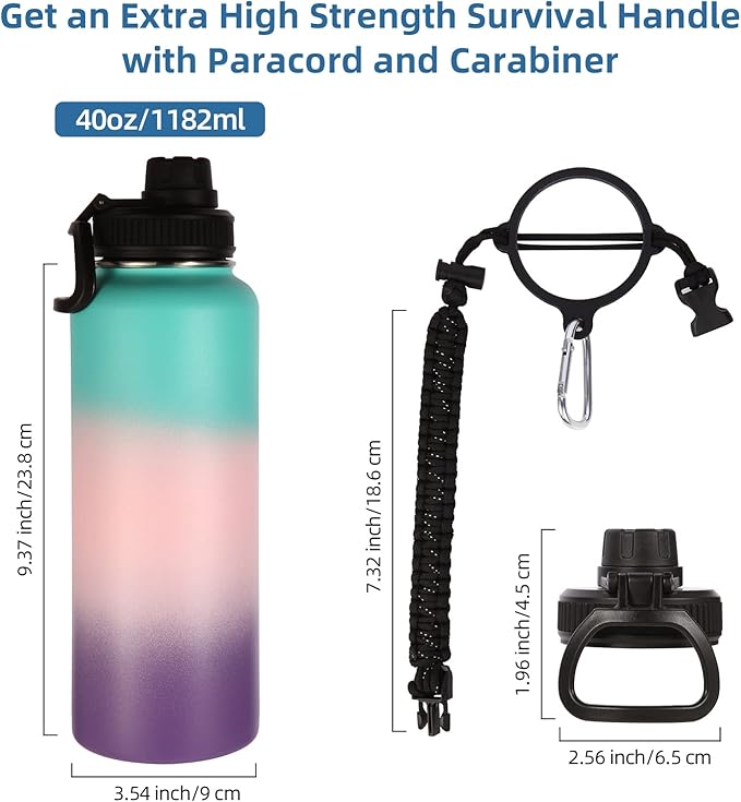 Volhoply Insulated Water Bottles Bulk 2 Pack, 40 oz Sports Bottle with Paracord Handle & Spout Lid, Double Walled Vacuum Water Cups with Wide Mouth,Reusable Hiking Water jug(Gradient Color,2 Set)