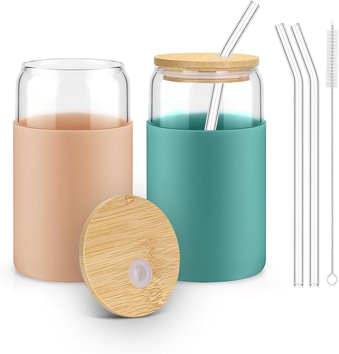 Glass Cups with Lids and Straws, 2 Pack 16OZ Iced Coffee Cups with Silicone Sleeve, Glass Tumbler with Straw and Bamboo Lid, Home Essential Drinking Set for Juice, Cocktail and Latte Khaki&Green