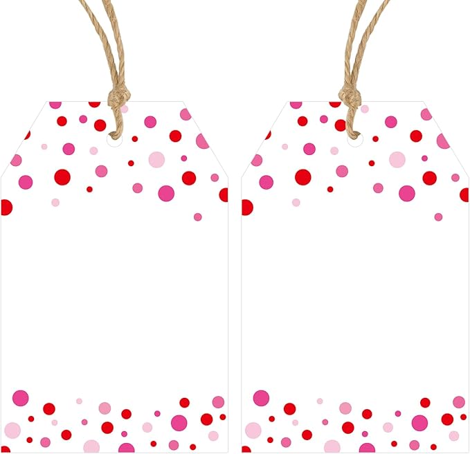 Anwyll Gift Tags with String - 100Pcs Pink Confetti Polka Dot Gift Bag Tags Personalized White Blank Hang Paper Label Tag for Birthday Party Bridal Shower Wedding Valentines Mothers Day Favors Present