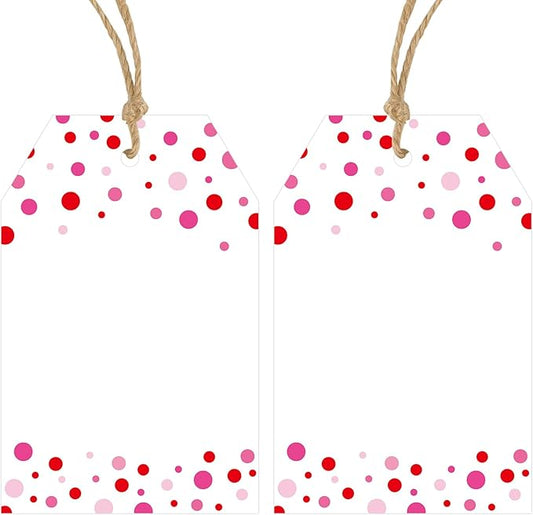 Anwyll Gift Tags with String - 100Pcs Pink Confetti Polka Dot Gift Bag Tags Personalized White Blank Hang Paper Label Tag for Birthday Party Bridal Shower Wedding Valentines Mothers Day Favors Present