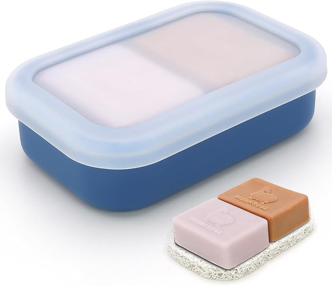 Enhanced Leakproof Travel Soap Case,Shatter-Proof & Slip-Resistant Silicone Shampoo Bar Holder, Large Bar Soap Container with Draining Layer-Soap Saver Pad (Clear&Blue)