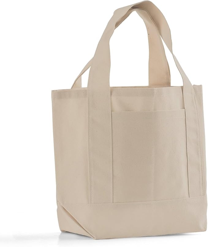 12 Pack Mini Iconic Canvas Shopping Bags with Gusset – Reusable Eco-Friendly Tote Bags with Handles