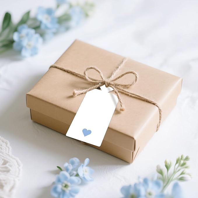 joycraft 100Pcs Gift Tags with String, 4x2 in White Gift Wrapping Tags with Blue Heart, Blank Party Favor Labels for Birthday, Baby Shower, Wedding, Bridal Shower