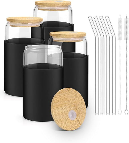 sungwoo Glass Cups with Lids and Straws, 4 Pack 16OZ Iced Coffee Cups with Silicone Sleeve, Glass Tumbler with Straw and Bamboo Lid, Home Essential Drinking Set for Juice, Cocktail and Latte Black
