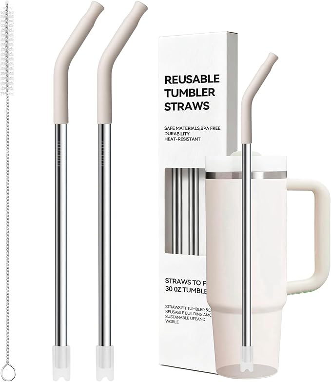 Metal Straw Reusable for Stanley 30 OZ Tumbler, 2 Pcs Long Stainless Steel Drinking Straws with Silicone Tip for STANLEY Quencher 30 oz Cups, 1 Straw Brush, BPA Free Dishwasher Safe(Cream Gray)