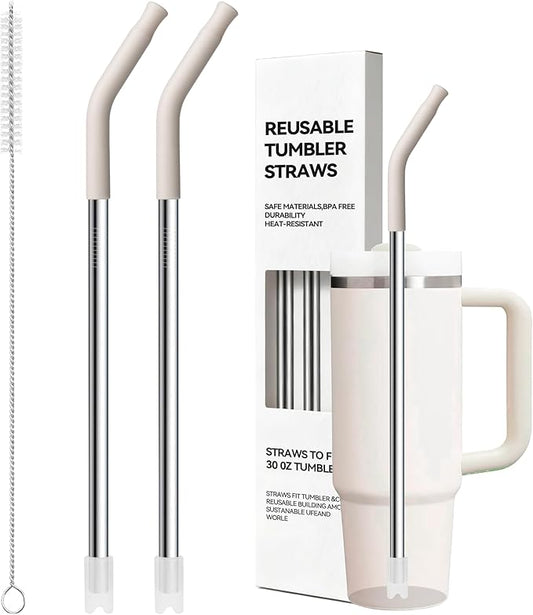 Metal Straw Reusable for Stanley 30 OZ Tumbler, 2 Pcs Long Stainless Steel Drinking Straws with Silicone Tip for STANLEY Quencher 30 oz Cups, 1 Straw Brush, BPA Free Dishwasher Safe(Cream Gray)