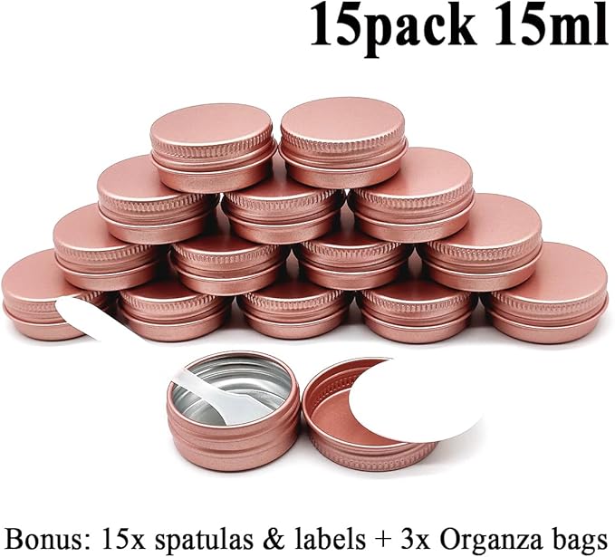15pack 15g Travel Size Aluminum Tins, 15ml Metal Tin Cans 1/2 oz Container Small Cans with Screw Lid for Makeup Sample, Nails, Lip Gloss Balm, Salve, Slime, Spices, Candy, Paint, Candle, Tea