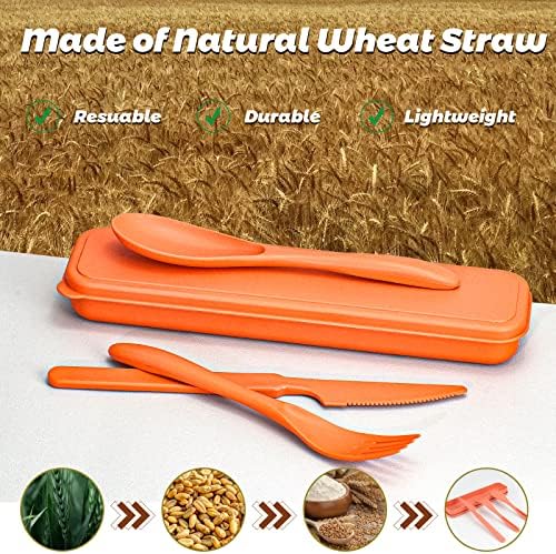 Reusable Travel Utensils Set with Case, 4 Sets Wheat Straw Portable Plastic Fork Spoons Knife Camping Cutlery, Eco-Friendly BPA Free Lunch Tableware Travel Picnic Silverware for Kids Adults Daily Use - Image 2