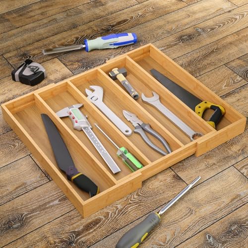 Fibogollo Expandable Bamboo Silverware Organizer, Kitchen Drawer Organizer - Image 2