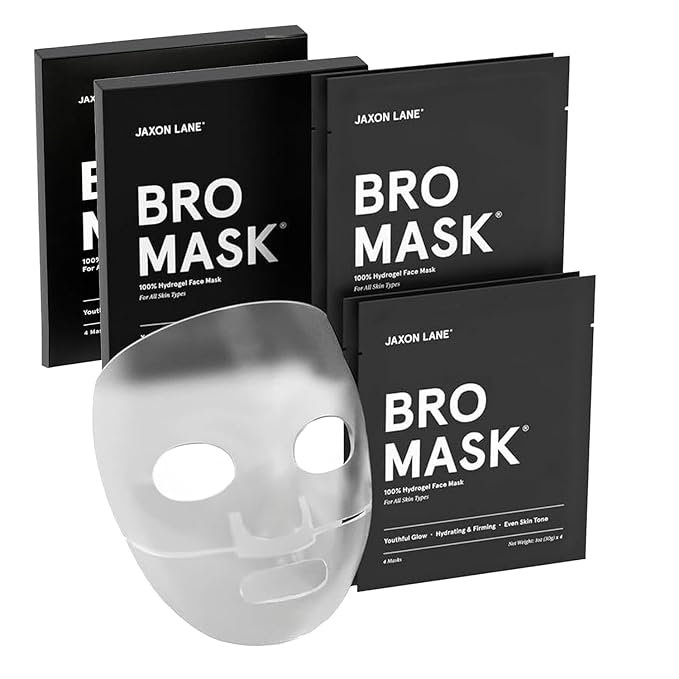JAXON LANE BRO MASK Premium Korean Face Mask for Men (4 x 1 Pack) - Anti Aging Sheet Masks w/Hydrogel, Vitamin C, Hydrolyzed Collagen, & Hyaluronic Acid - Perfect Skin Care Stocking Stuffers for Men