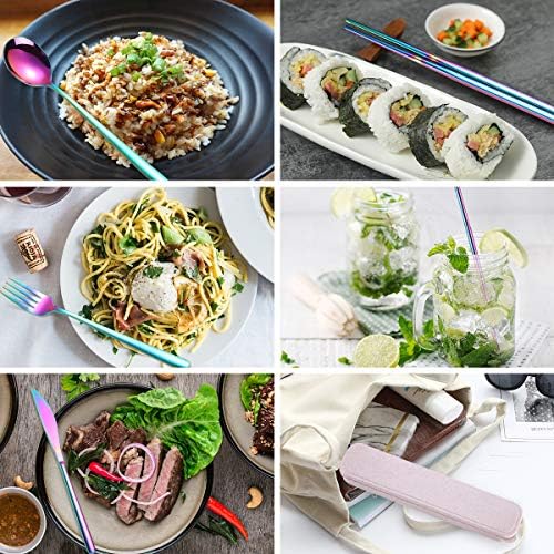 AARAINBOW 6 Pieces 18/8 Stainless Steel Flatware Set Portable Reusable Cutlery Set Travel Utensils Set Including Chopsticks Knife Fork Spoon Straws Cleaning Brush Dishwasher Safe (Multicolored) - Image 4