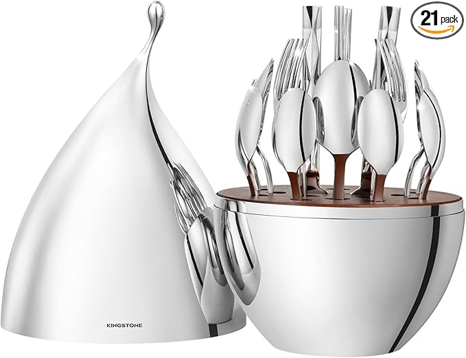 KINGSTONE Silverware Set with Waterdrop Storage Organizer, Luxury 20 Piece Flatware Set for 4, 18/10 Stainless Steel Cutlery Set with Diamond Cut Pattern Ideal for Kitchen,Party and Gift