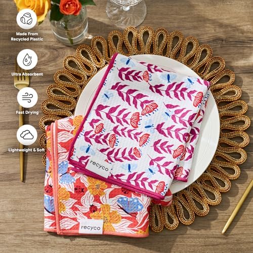 RECYCO Waffle Kitchen Towel Set of 2 - Quick Dry Microfiber Sustainable Dish Towels - Absorbent Reusable Cleaning Tea Towels - Lightweight Hand Towels,16”x 28”, Blossom Brilliance Pink - Image 2