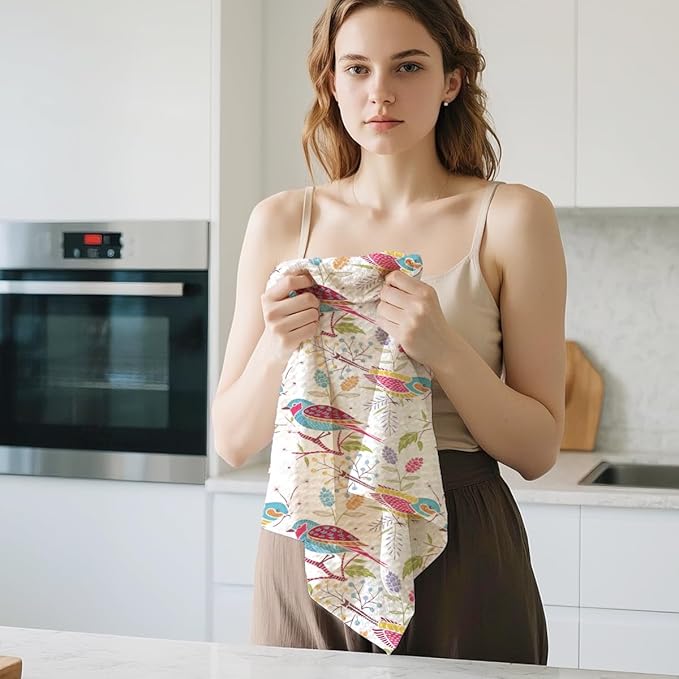 Jztco 2 Pcs Vintage Bird Kitchen Towels 24x14 Inch, Spring Flower Seamless Pattern Hand Towels for Kitchen Bathroom Decor, Absorbent Microfiber Dish Cloth Tea Towel, Home Gifts for Women