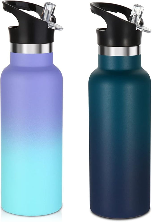 Volhoply 17oz Insulated Water Bottle Bulk 2 Pack,Stainless Steel Kids Water Bottles with Straw Lid,Double Wall Vacuum Metal Water Flask,Reusable Sports School Cups Keep Hot & Cold (Assorted,2 Set)