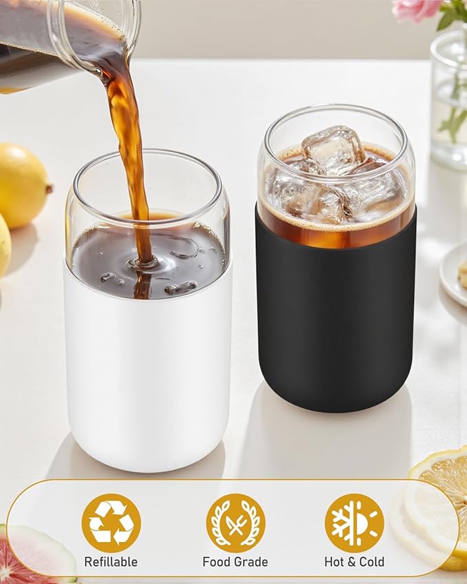 sungwoo Glass Cups with Lids and Straws, 4 Pack 16OZ Iced Coffee Cups with Silicone Sleeve, Glass Tumbler with Straw and Bamboo Lid, Home Essential Drinking Set for Juice, Cocktail and Tea Black&White