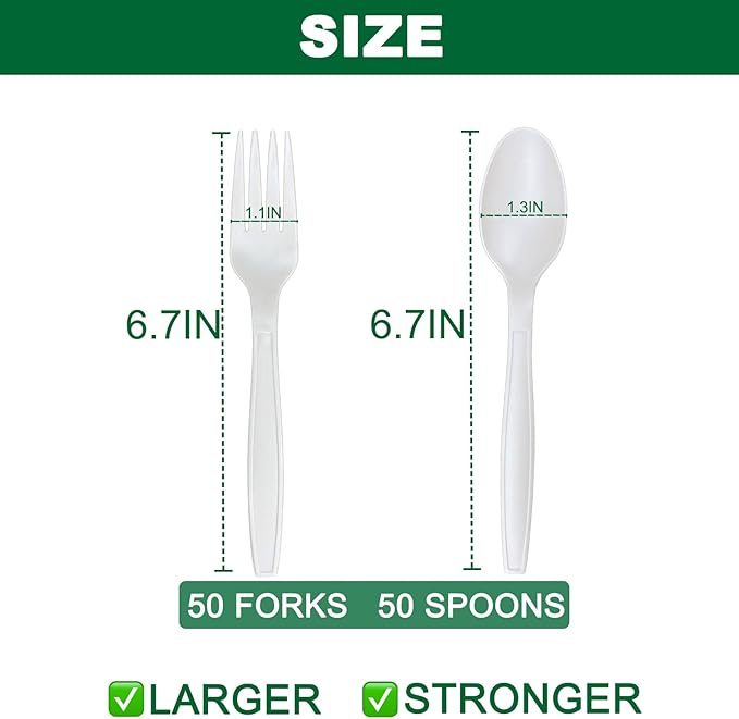 100pcs 100% Compostable Biodegradable Utensils Disposable Cutlery Set Cornstarch Spoon Fork Knife Alternative to Plastic (Spoon 50, Fork 50)