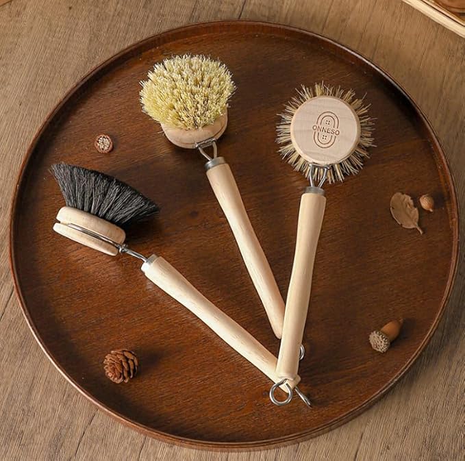 Dish Brush with Handle - 1 Sturdy Wooden Handle with 3 Natural Bristle Heads All-Purpose Kitchen Scrubber, Bamboo Wok Brush Fruit & Veggie Scrubber Eco-Friendly Brush for Pots, Pans, Oven