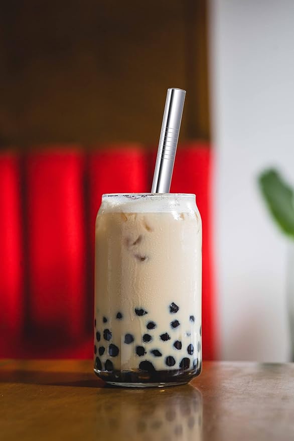 Boba Straws, Reusable Straw Metal Smoothies Jumbo Bubble Tea Tapioca Pearls Milkshake Straws, Pointed Stainless Steel Drinking Straws with Silicone Tips Carry Bag Brush 12mm 0.5" Wide, Silver 4 Pack