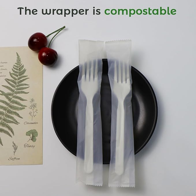 GreenWorks 750 Count 6" Compostable Forks With Compostable Wrapper, BIP Certified Individually Wrapped Disposable Fork
