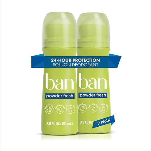 Ban Invisible Roll-on Antiperspirant Deodorant for Women and Men, 24-hour Underarm Odor & Sweat Protection, Powder Fresh, 3.5 Oz, Pack of 2