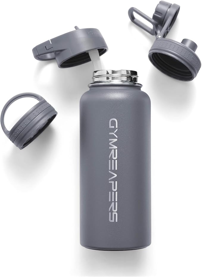 Gymreapers Insulated Water Bottle - Stainless Steel 32 Oz, 3 lids (Straw, Chug, Canteen), Double Walled Vacuum Insulation, Thermo Mug Cold Hot - Durable Powder Coated Finish