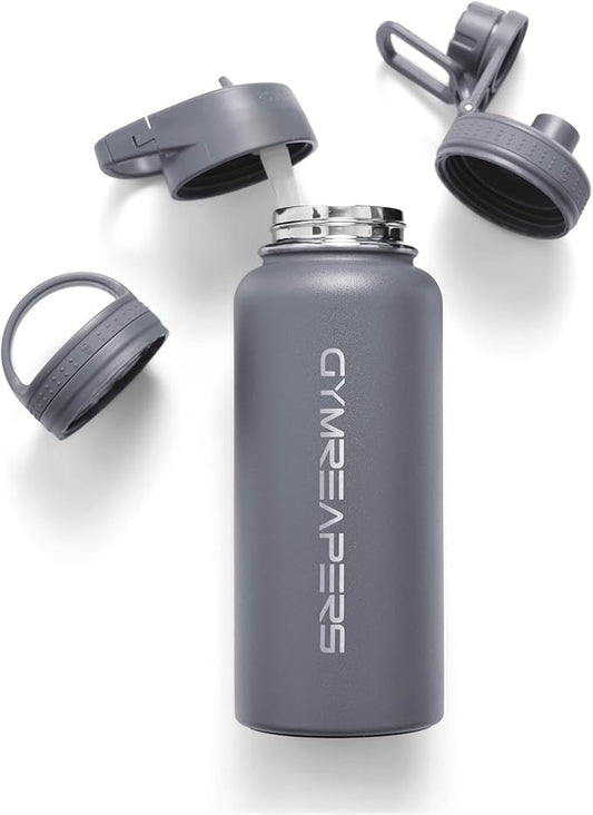 Gymreapers Insulated Water Bottle - Stainless Steel 32 Oz, 3 lids (Straw, Chug, Canteen), Double Walled Vacuum Insulation, Thermo Mug Cold Hot - Durable Powder Coated Finish