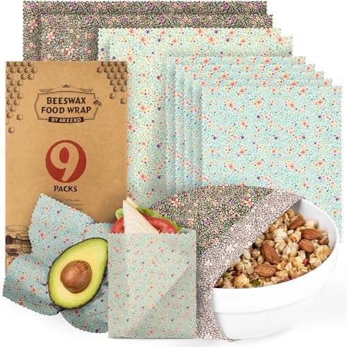 Akeeko Reusable Beeswax Food Wraps - Assorted 9 Packs, Reusable, Plastic-Free Food Storage, 5 Small, 2 Medium, 1 Large, 1 Extra Large Wraps with Water Color Flora Pattern by Akeeko