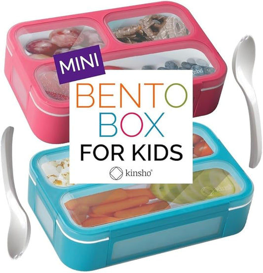kinsho Snack Container - Small Bento Lunch Box for Kids Girls Boys Toddlers | MINI Leak-proof Boxes, Baby Bentobox for Daycare, Portion Containers, BPA-Free Pink and Blue Set of 2