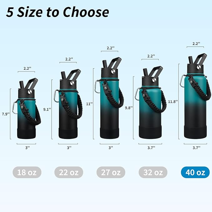 BJPKPK Insulated Water Bottles with Straw Lid, 40oz Large Water Bottle with 3 Lids, Paracord Handle & Non-slip Boot, BPA Free Stainless Steel Metal Jugs,Tumblers,Cups, Army Green & Black