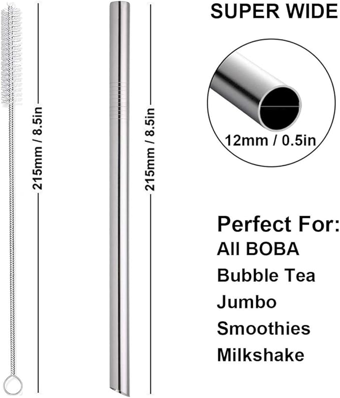 Boba Straws, Reusable Straw Metal Smoothies Jumbo Bubble Tea Tapioca Pearls Milkshake Straws, Pointed Stainless Steel Drinking Straws with Silicone Tips Carry Bag Brush 12mm 0.5" Wide, Silver 4 Pack