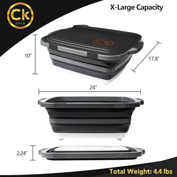New XL Collapsible BBQ Prep Tub wtih LOCKING Lid, Cutting Board & Drain Hole | BPA-Free, Food-Grade, Recyclable, Space-Saving Caddy for Grilling, Camping, Kitchen & Outdoor Cooking (Black, 30 Liters)