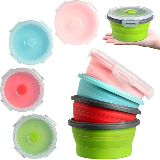 Suclain 4 Pcs Collapsible Bowls with Lids Silicone Camping Food Storage Container Expandable Folding Salad Lunch Box Travel Container for Hiking Camping(Red, Pink, Blue, Green,17 oz)