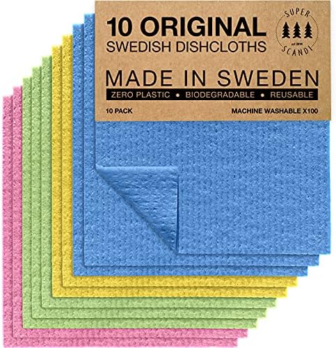 SUPERSCANDI 10 Pack Reusable Cleaning Cloths - 100% Biodegradable & Compostable | Washable Swedish Dishcloth - Food-Safe & Plastic-Free | Kitchen Cloth Suitable for Any Surface, Pink Green Blue by SUPERSCANDI