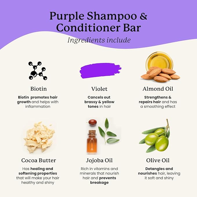 Naturel Purple Toning Shampoo and Conditioner Bar Set with Biotin for Blonde or Grey Hair, Shampoo Bar and Conditioner Bar for Blonde or Grey Hair, Vegan and Cruelty Free, Zero Waste, Made in USA